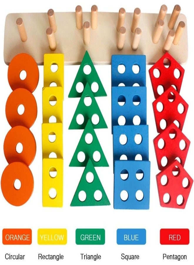 SANTALON Toys for 1 2 3 Year Old Boys Girls Toddlers, Wooden Sorting and Stacking Preschool Educational Toys, Color Recognition Stacker Shape Sorter Puzzles (5 cloumn Block) - Image 5
